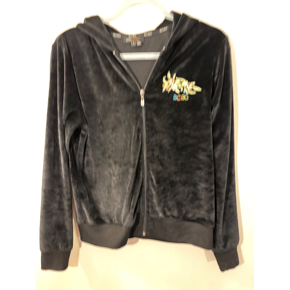 VTG BCBG Black Velour Hooded Jacket L Floral & Peacock Embroidery